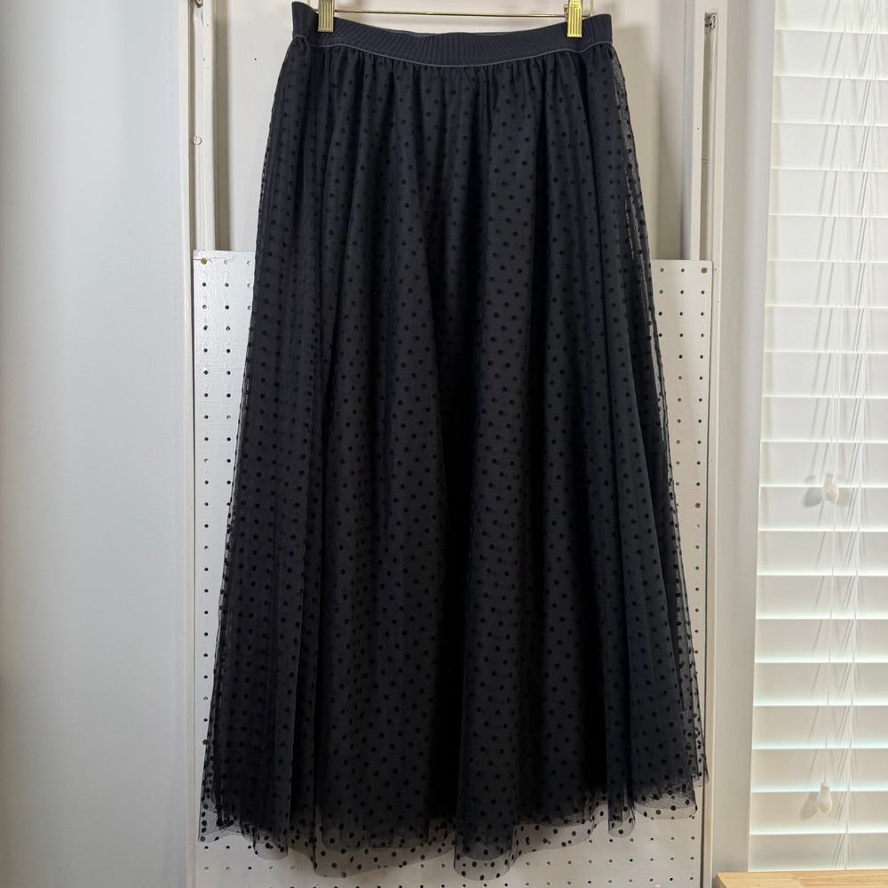 Ann Taylor Tulle Maxi Skirt Women's Black Flocked Polka Dot Elastic Waist - 8